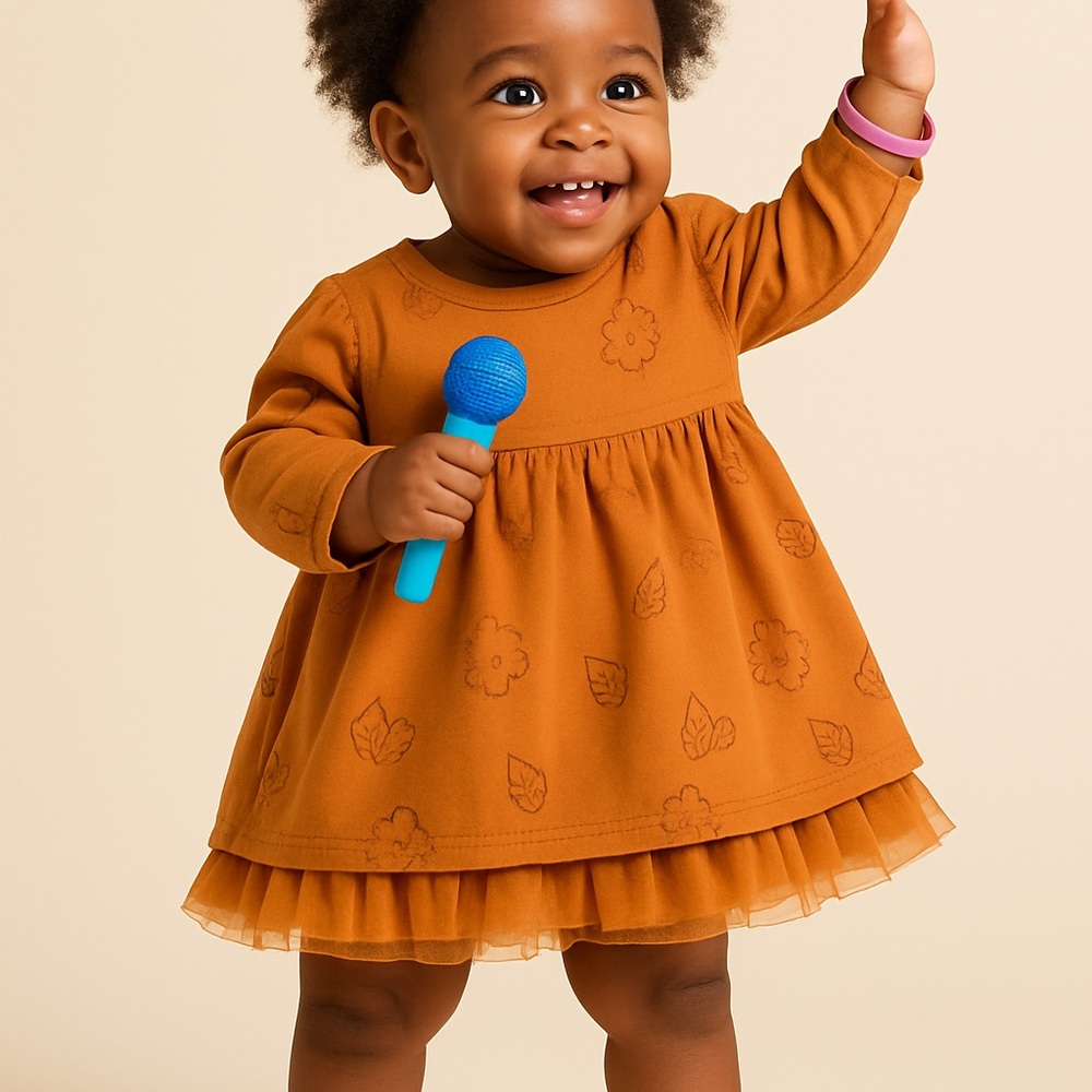 Souris Mini Amber Brown Organic Cotton Dress with Tulle – 9-12m